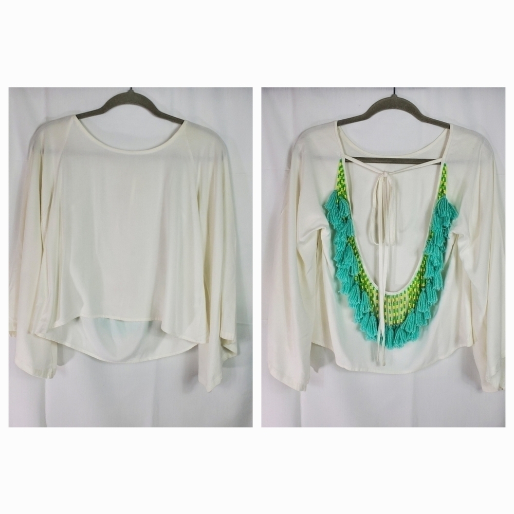 Fringe and Beaded thin white long bell sleeve top By Sundress size Small